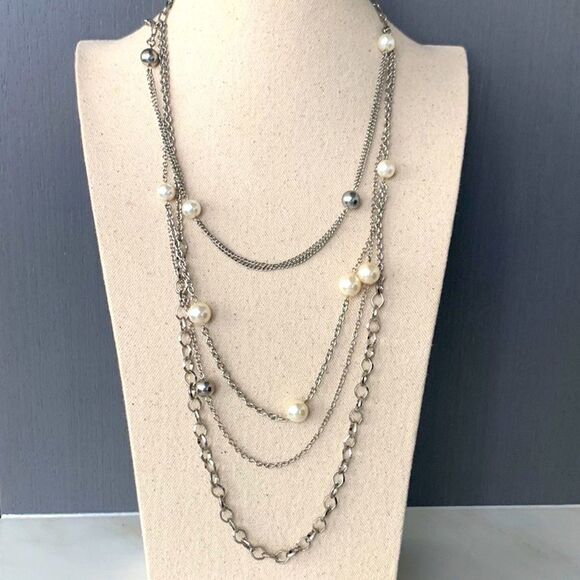 Long Silver & Faux Pearl Necklace – Multi-Strand Art Deco Flapper Style - Picture 1 of 6